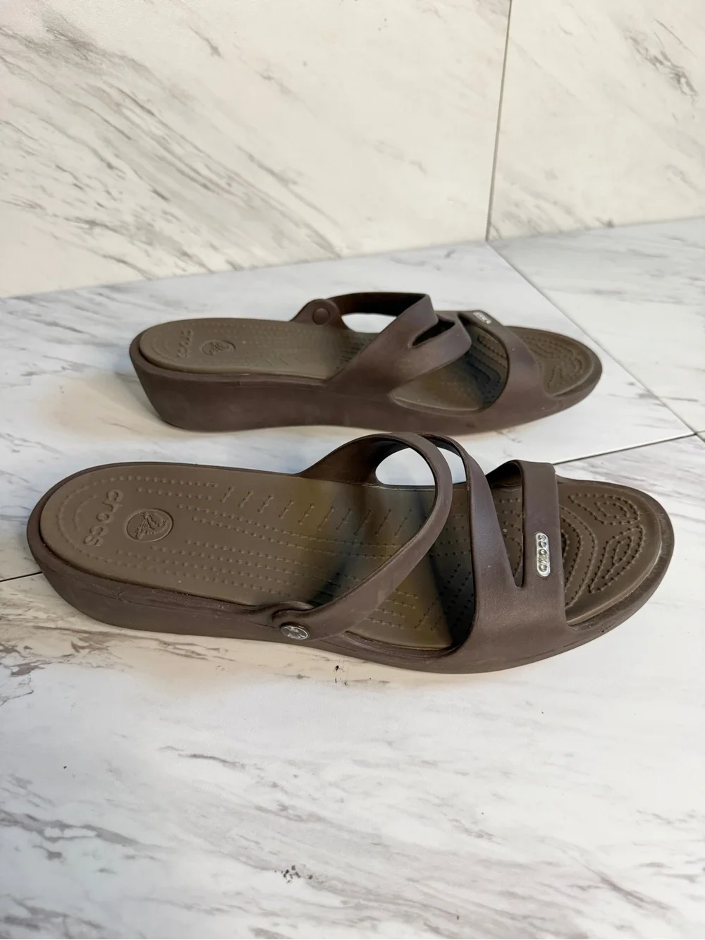 3/$50 Crocs Patricia Wedge Sandals Espresso Brown Strappy Slide Comfort Size 12W